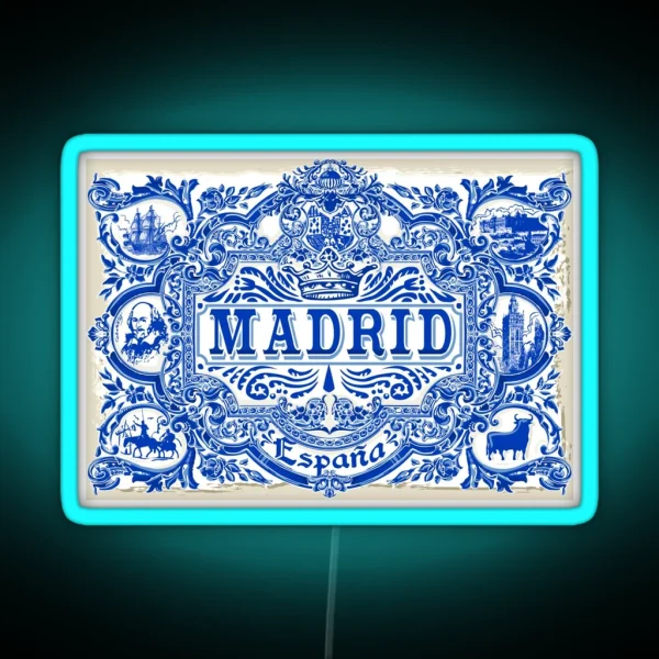 Azulejo Decoration Madrid Blue Vintage Azulejos Tiles RGB Neon Sign