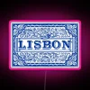Colorful Portugal-inspired neon sign with vibrant azulejo design pattern.