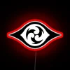 Apocalyptic eye of judgment in bold, glowing rainbow LED neon.