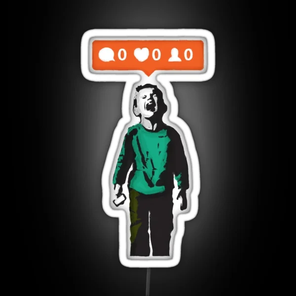 Banksy Graffiti NO LIKES Kid Crying And Social Media Parody On White Background Nobody Likes Me HD HIGH QUALITY ONLINE STORE RGB Neon Sign