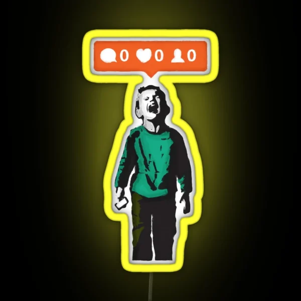 Banksy Graffiti NO LIKES Kid Crying And Social Media Parody On White Background Nobody Likes Me HD HIGH QUALITY ONLINE STORE RGB Neon Sign