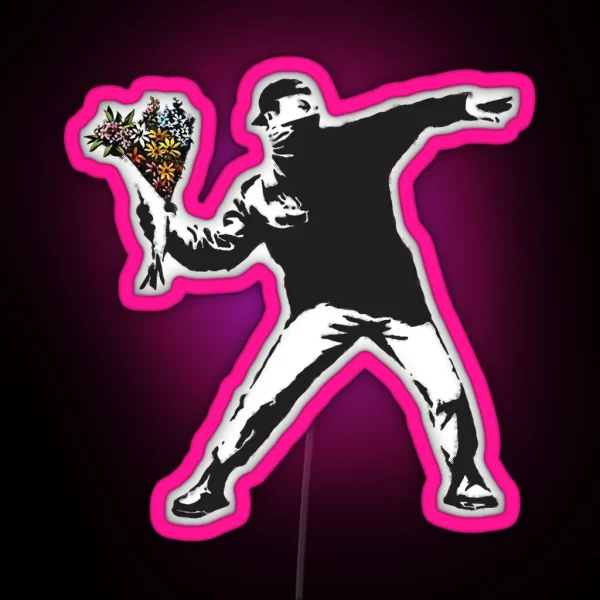 Banksy Graffiti Protest Anarchist Throwing Flowers Thrower Make Art Not War On White Background HD HIGH QUALITY ONLINE STORE RGB Neon Sign