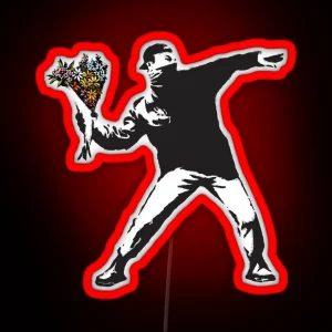 Banksy Graffiti Protest Anarchist Throwing Flowers Thrower Make Art Not War On White Background HD HIGH QUALITY ONLINE STORE RGB Neon Sign