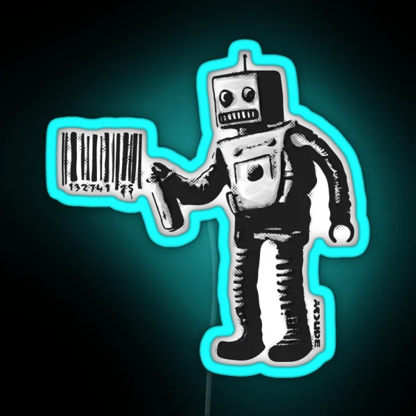 Banksy Smiling Robot And Barcodes Better Out Than In New York City Residency Black And White HD HIGHT QUALITY ONLINE STORE RGB Neon Sign