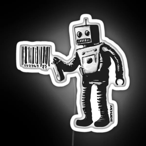 Banksy Smiling Robot And Barcodes Better Out Than In New York City Residency Black And White HD HIGHT QUALITY ONLINE STORE RGB Neon Sign