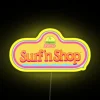 Neon-lit 80s surf shop backdrop for retro Barbie fashionistas and adventures.