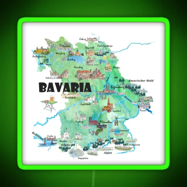 Bavaria Germany Illustrated Travel Poster Card RGB Neon Sign