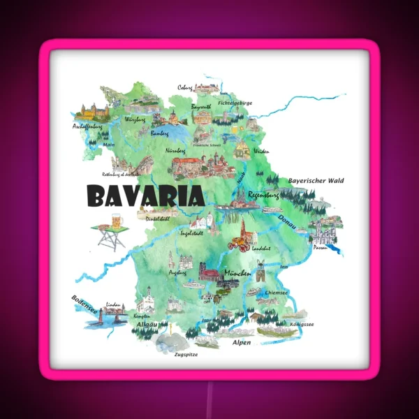 Bavaria Germany Illustrated Travel Poster Card RGB Neon Sign