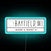 Vintage neon sign with exact coordinates of Bayfield, Wisconsin location.