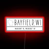 Vintage map-inspired coordinates of Bayfield Wisconsin in radiant RGB neon.