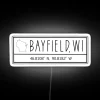 Bayfield Wisconsin coordinates in vibrant RGB glow with neon accents.