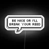 Warning sign in bright LED lights with humorous caution message