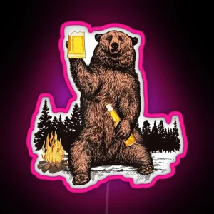 Bear Drinking Beer Camp Fire Woods Outdoor Grizzly RGB Neon Sign