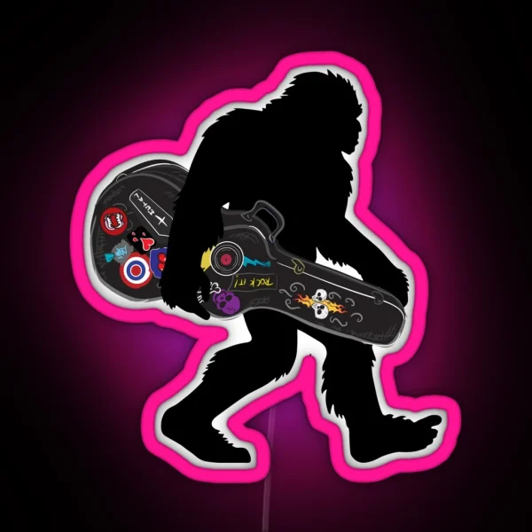 Bigfoot Musician Carrying Guitar Case With Rock N Roll Led RGB Neon Sign