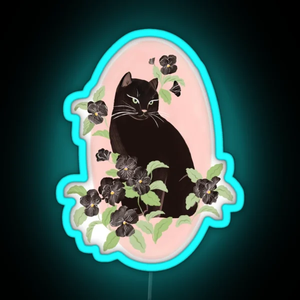 Black Cat And Pansy RGB Neon Sign