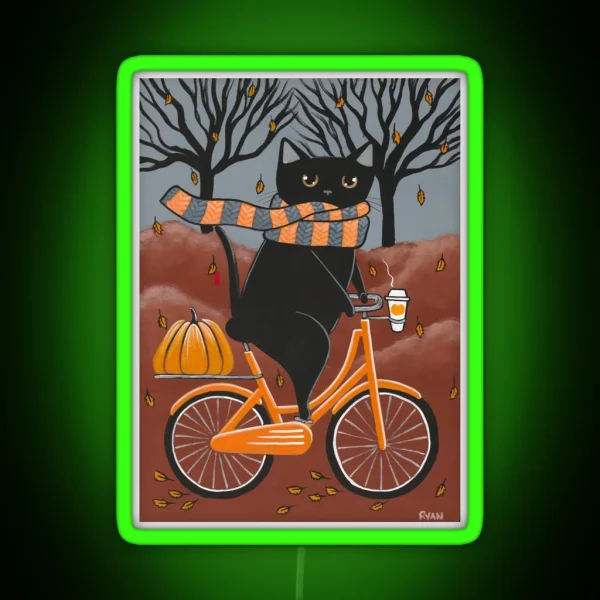 Black Cat Autumn Bicycle Ride RGB Neon Sign