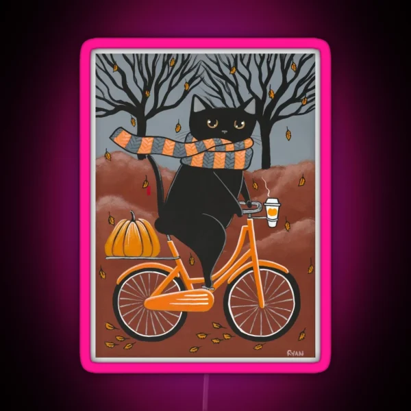 Black Cat Autumn Bicycle Ride RGB Neon Sign