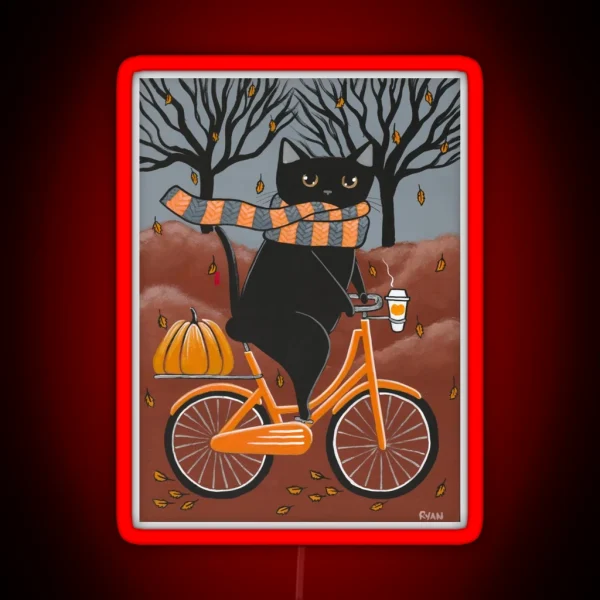 Black Cat Autumn Bicycle Ride RGB Neon Sign