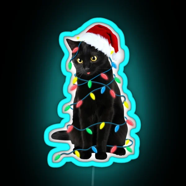 Black Cat Christmas Led Lights Xmas Tree Kitten In Santa Hat Funny Gift RGB Neon Sign