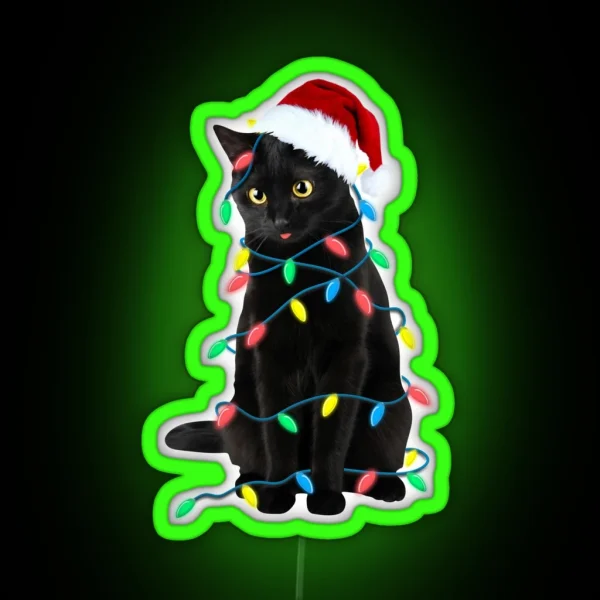 Black Cat Christmas Led Lights Xmas Tree Kitten In Santa Hat Funny Gift RGB Neon Sign