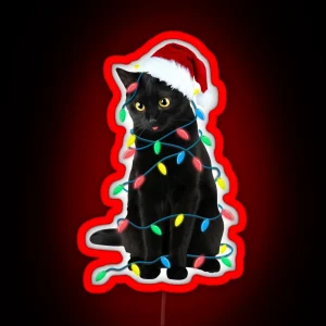 Black Cat Christmas Led Lights Xmas Tree Kitten In Santa Hat Funny Gift RGB Neon Sign