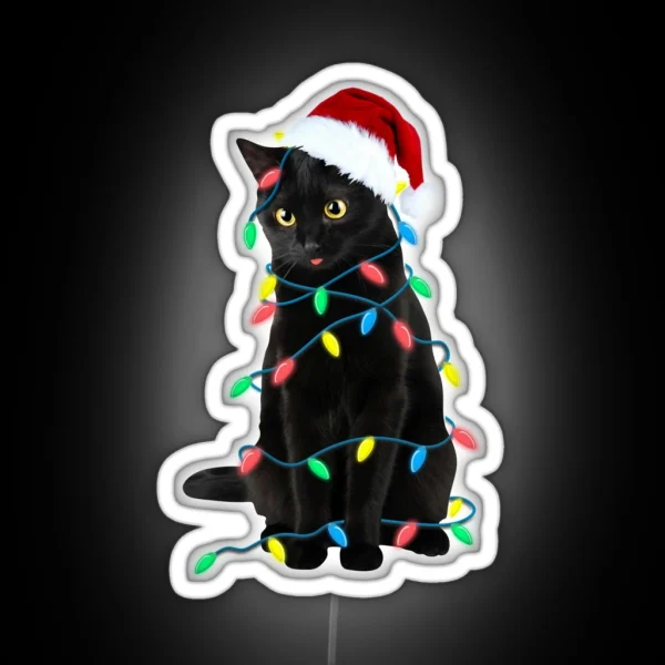 Black Cat Christmas Led Lights Xmas Tree Kitten In Santa Hat Funny Gift RGB Neon Sign