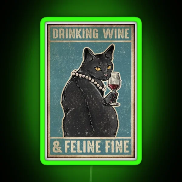 Black Cat Drinking Wine And Feline Fine RGB Neon Sign