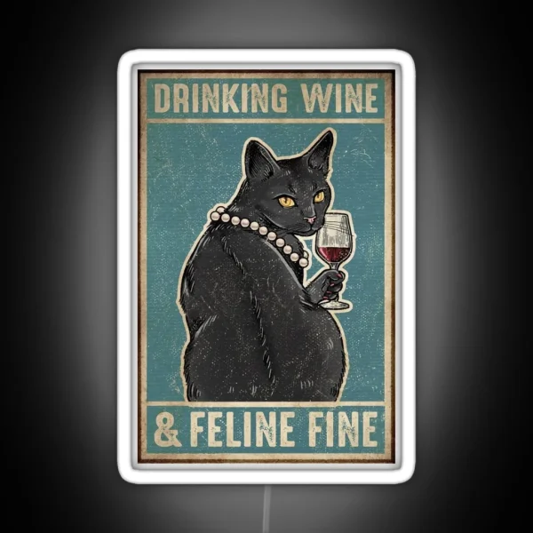 Black Cat Drinking Wine And Feline Fine RGB Neon Sign