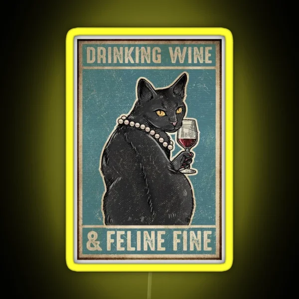 Black Cat Drinking Wine And Feline Fine RGB Neon Sign