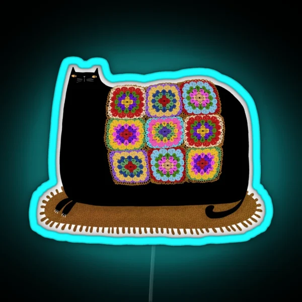 Black Cat Granny Squares Cozy Blanket RGB Neon Sign