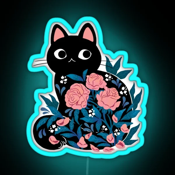 Black Cat In Prink Roses RGB Neon Sign