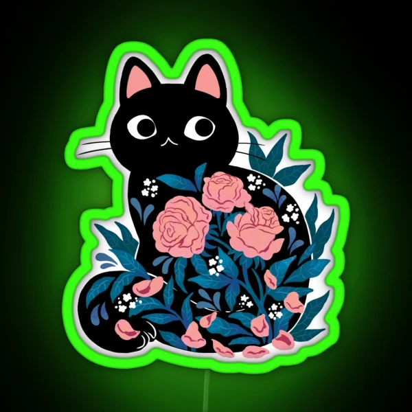 Black Cat In Prink Roses RGB Neon Sign