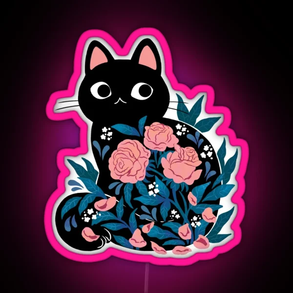 Black Cat In Prink Roses RGB Neon Sign