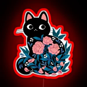 Black Cat In Prink Roses RGB Neon Sign