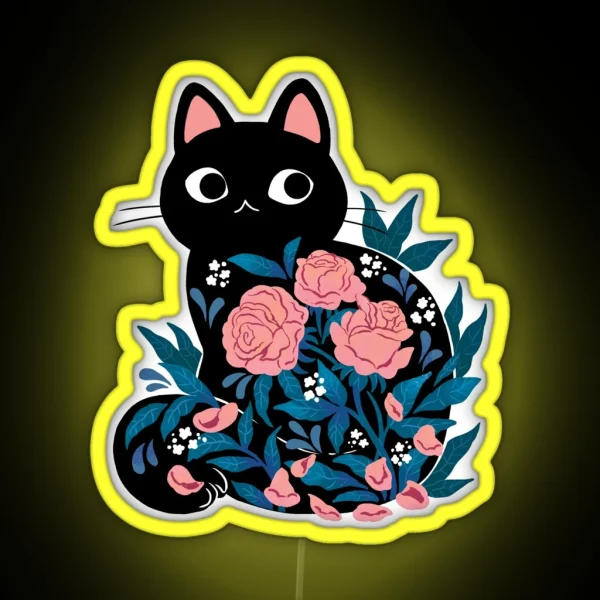 Black Cat In Prink Roses RGB Neon Sign