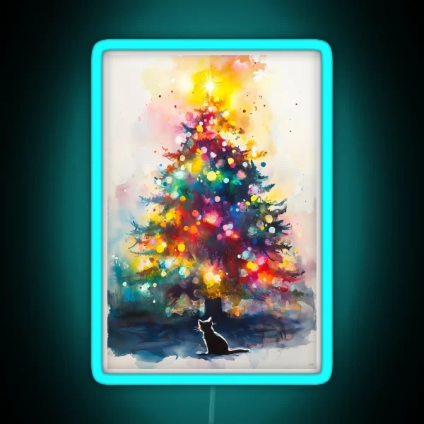 Black Cat Looking At Christmas Tree Abstract RGB Neon Sign