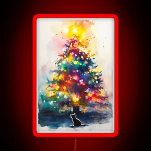 Black Cat Looking At Christmas Tree Abstract RGB Neon Sign