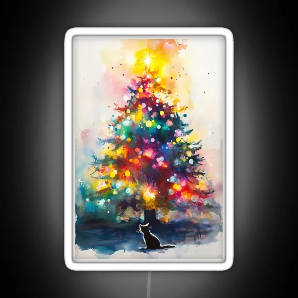 Black Cat Looking At Christmas Tree Abstract RGB Neon Sign