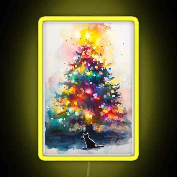 Black Cat Looking At Christmas Tree Abstract RGB Neon Sign