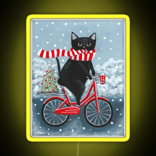 Black Cat Winter Bicycle Ride RGB Neon Sign