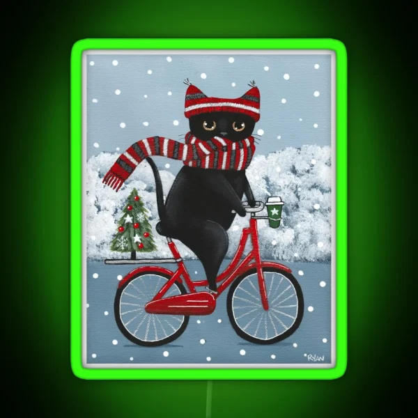 Black Cat Winter Bicycle Ride RGB Neon Sign