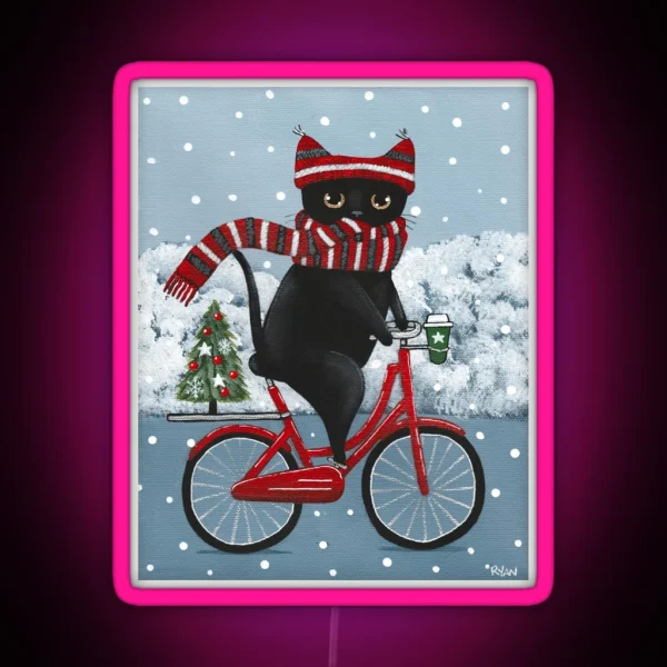 Black Cat Winter Bicycle Ride RGB Neon Sign