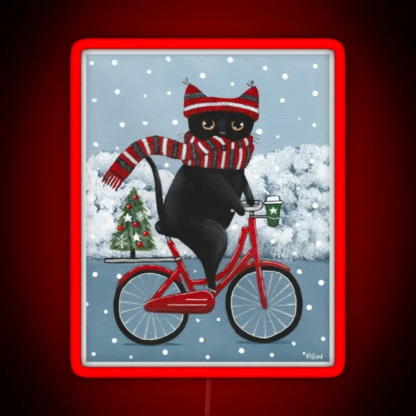 Black Cat Winter Bicycle Ride RGB Neon Sign