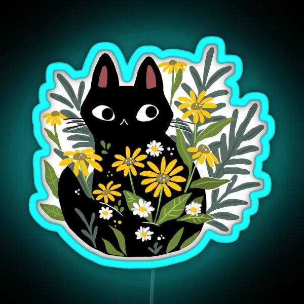 Black Cat With Flowers RGB Neon Sign
