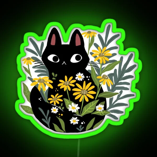 Black Cat With Flowers RGB Neon Sign