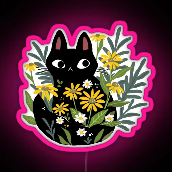Black Cat With Flowers RGB Neon Sign