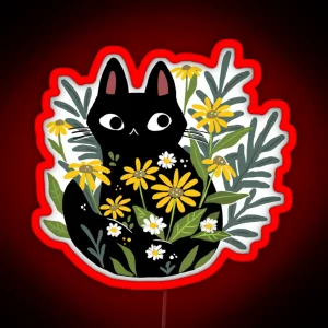 Black Cat With Flowers RGB Neon Sign