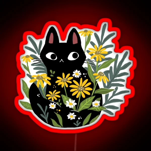 Black Cat With Flowers RGB Neon Sign