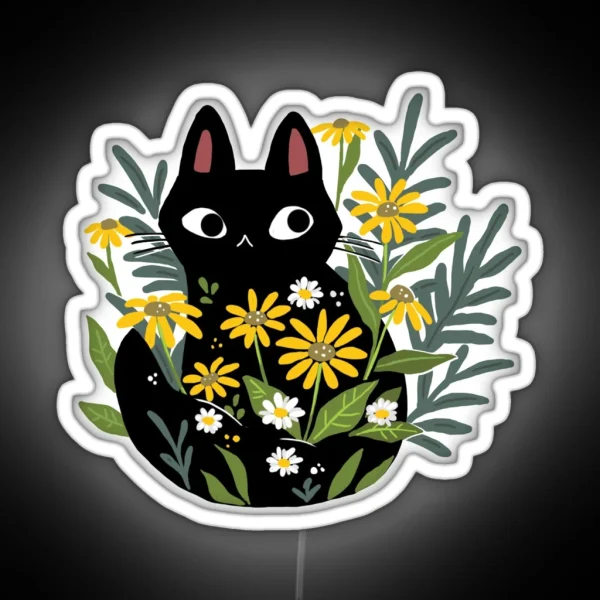 Black Cat With Flowers RGB Neon Sign