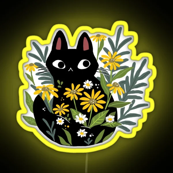 Black Cat With Flowers RGB Neon Sign